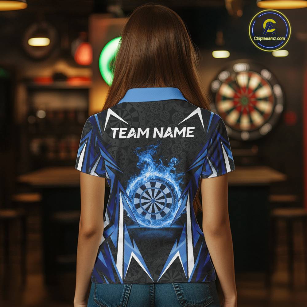 Black And Blue Flames Dartboard Women Darts Polo Shirts Custom Fire Flame Dart Team Jerseys NYN2445