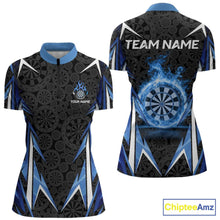 Load image into Gallery viewer, Black And Blue Flames Dartboard Women Darts 1/4-Zip Shirts Custom Fire Flame Dart Team Jerseys NYN2445