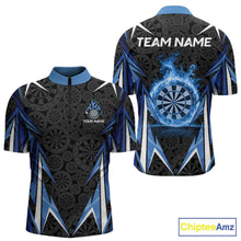 Load image into Gallery viewer, Black And Blue Flames Dartboard Men Darts 1/4-Zip Shirts Custom Fire Flame Dart Team Jerseys NYN2445