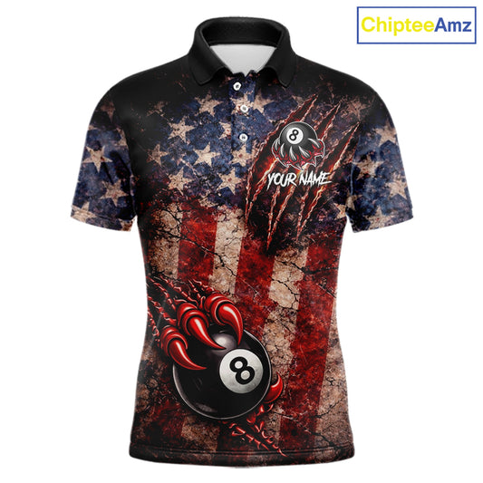 Personalized Cracked US Flag Grunge Claws Pool 8 Ball Men's Billiard Team Shirt Billiard Attire NYN2672