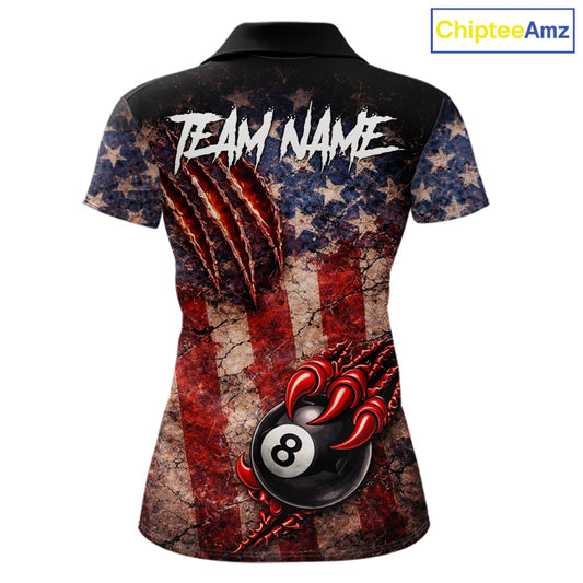 Personalized Cracked US Flag Grunge Claws Pool 8 Ball Women's Billiard Team Shirt Billiard Attire NYN2672