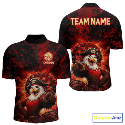 Funny Pirate Rooster Men Darts Polo & 1/4-Zip Shirt Personalized Red Splatter Paint Dart Team Jersey NYN3031