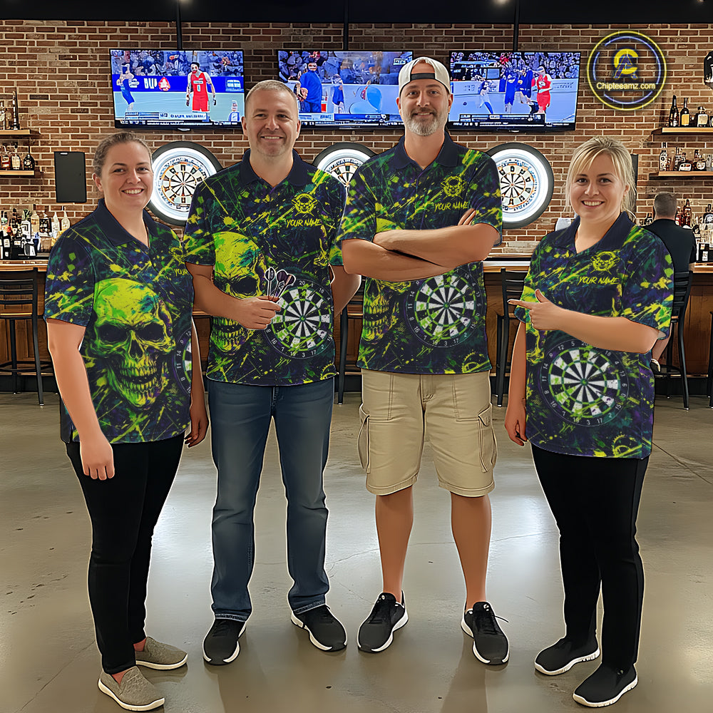 Grunge Blue Green Strike Horror Skull Mens Darts Shirt Personalized Splatter Dart Team Jerseys NYN3202