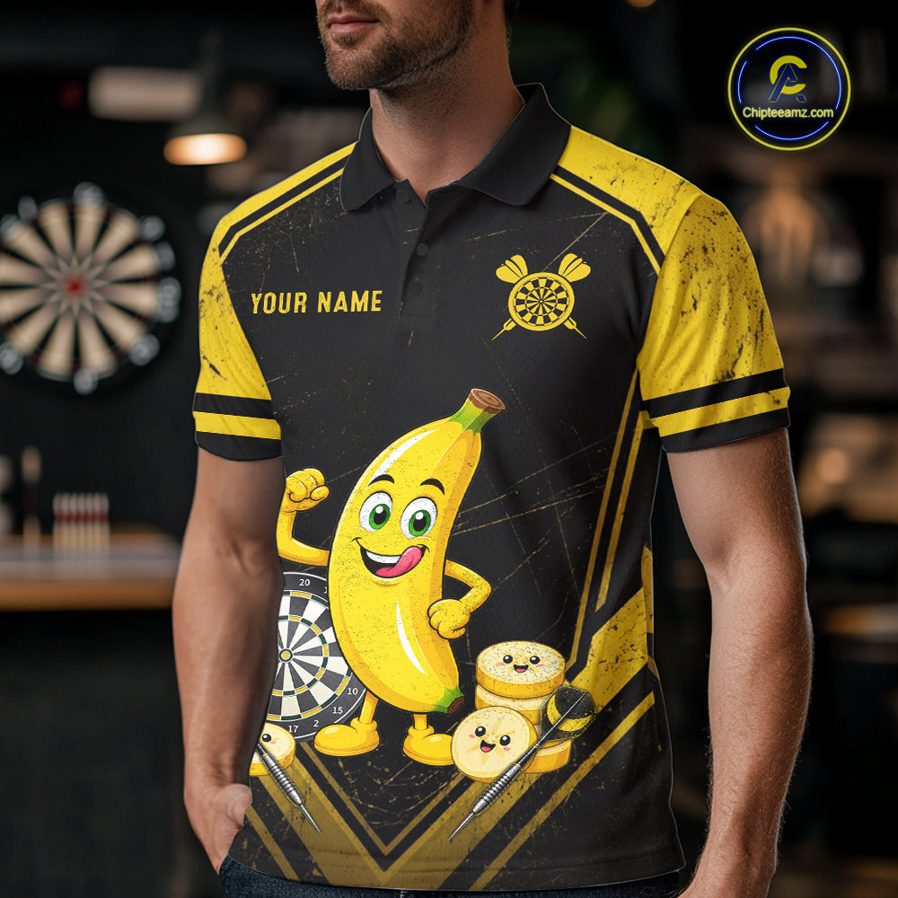 Funny Banana Mascot Black And Yellow Darts Jersey For Men Custom Polo & 1/4 Zip Darts Team Shirts NYN3206