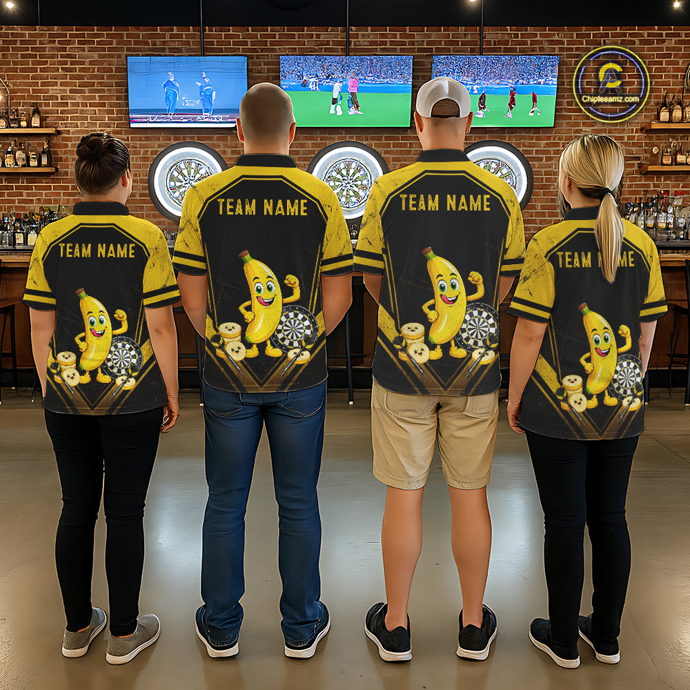 Funny Banana Mascot Black And Yellow Darts Jersey For Men Custom Polo & 1/4 Zip Darts Team Shirts NYN3206