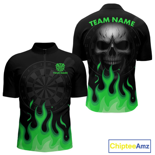 Custom Green Flames Skull Dartboard 1/4-Zip Darts Shirt For Men Outfit Dart Team Jersey NYN0995