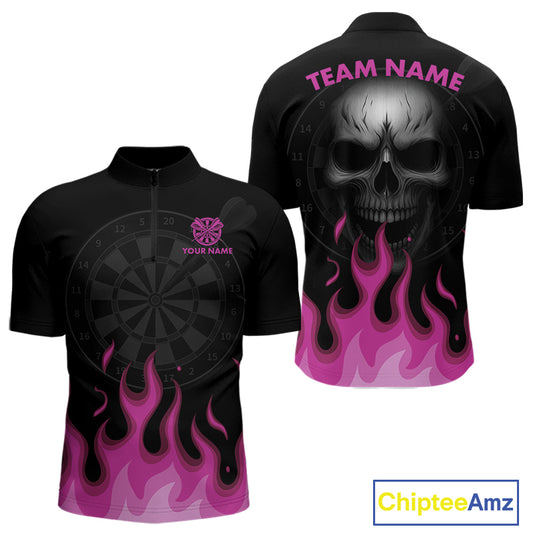 Custom Pink Flames Skull Dartboard 1/4-Zip Darts Shirt For Men Outfit Skull Dart Team Jersey NYN0996