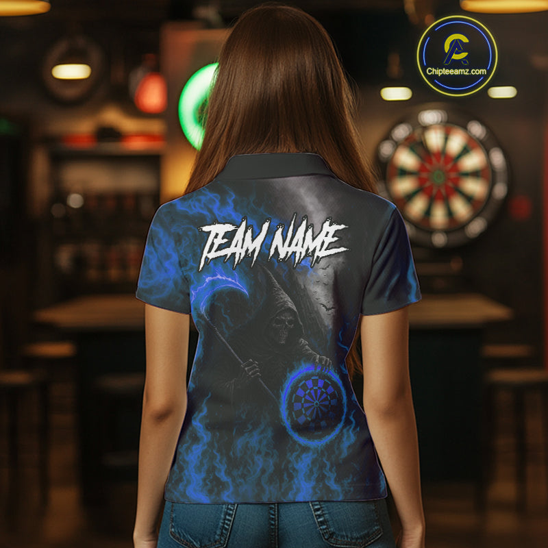 Custom Blue Flaming Dartboard Grim Reaper Dart Women Polo Shirt Dart Team Jerseys NYN1641