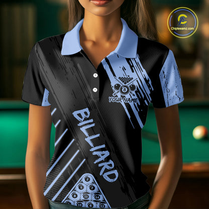 Light-Blue Grunge Billiard Ball Pool Women Polo & 1/4-Zip Shirt Custom 8 Ball Billiards Jerseys NYN2452