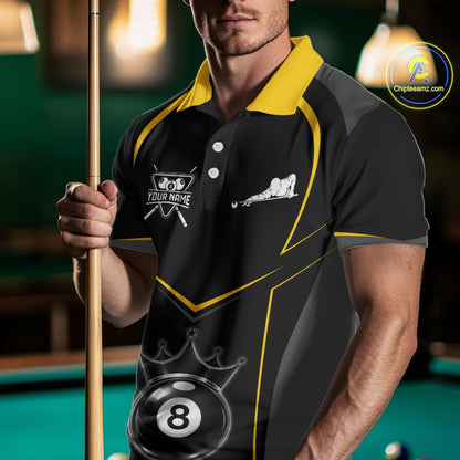 Black 8 Ball Crown Pool Men Polo & 1/4-Zip Team Shirts Custom Billiards Ball & Cue Attire|Yellow NYN2459