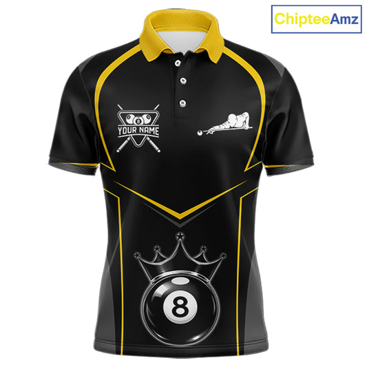 Black 8 Ball Crown Pool Men Polo & 1/4-Zip Team Shirts Custom Billiards Ball & Cue Attire|Yellow NYN2459