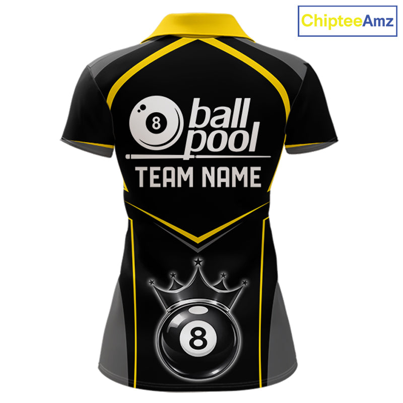 Black 8 Ball Crown Pool Women Polo & 1/4-Zip Team Shirts Custom Billiards Ball & Cue Attire|Yellow NYN2459