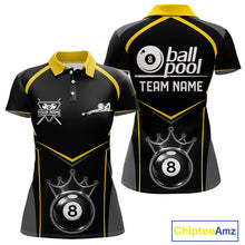 Load image into Gallery viewer, Black 8 Ball Crown Pool Women Polo &amp; 1/4-Zip Team Shirts Custom Billiards Ball &amp; Cue Attire|Yellow NYN2459
