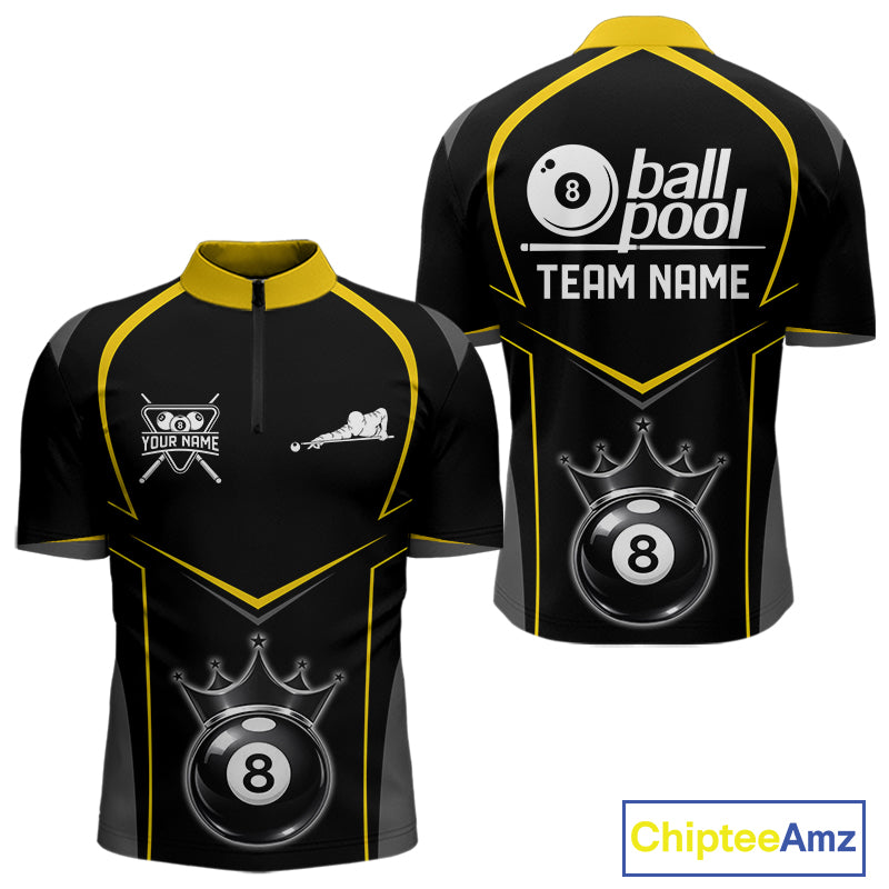 Black 8 Ball Crown Pool Men Polo & 1/4-Zip Team Shirts Custom Billiards Ball & Cue Attire|Yellow NYN2459