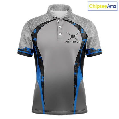 Camo 8 Ball Pool Billiard Polo & 1/4-Zip Shirt For Men Custom Blue And Grey Billiard Team Attire NYN3048