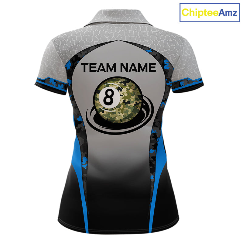 Camo 8 Ball Pool Billiard Polo & 1/4-Zip Shirt For Women Custom Blue And Grey Billiard Team Attire NYN3048