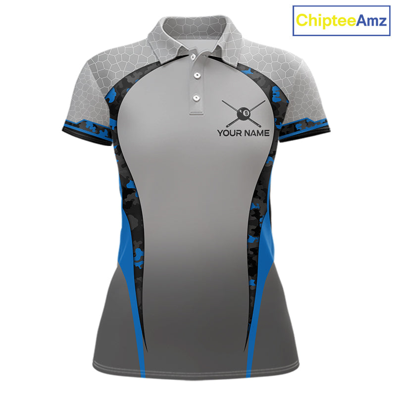 Camo 8 Ball Pool Billiard Polo & 1/4-Zip Shirt For Women Custom Blue And Grey Billiard Team Attire NYN3048
