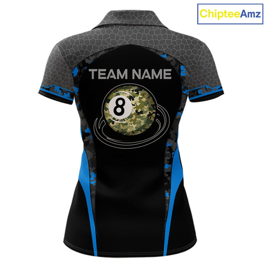 Camo 8 Ball Pool Billiard Polo & 1/4-Zip Shirt For Women Custom Blue And Black Billiard Team Attire NYN3049