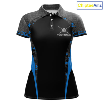 Camo 8 Ball Pool Billiard Polo & 1/4-Zip Shirt For Women Custom Blue And Black Billiard Team Attire NYN3049