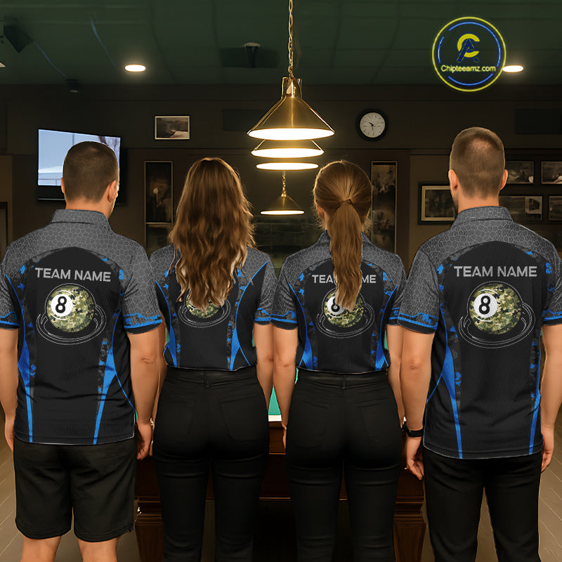 Camo 8 Ball Pool Billiard Polo & 1/4-Zip Shirt For Men Custom Blue And Black Billiard Team Attire NYN3049