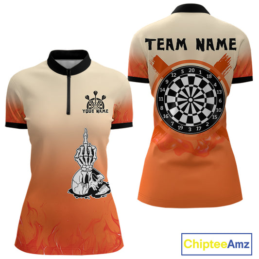 Women's Custom Dart Shirt With Skeleton Middle Finger Skull And Fiery Orange NYN0257