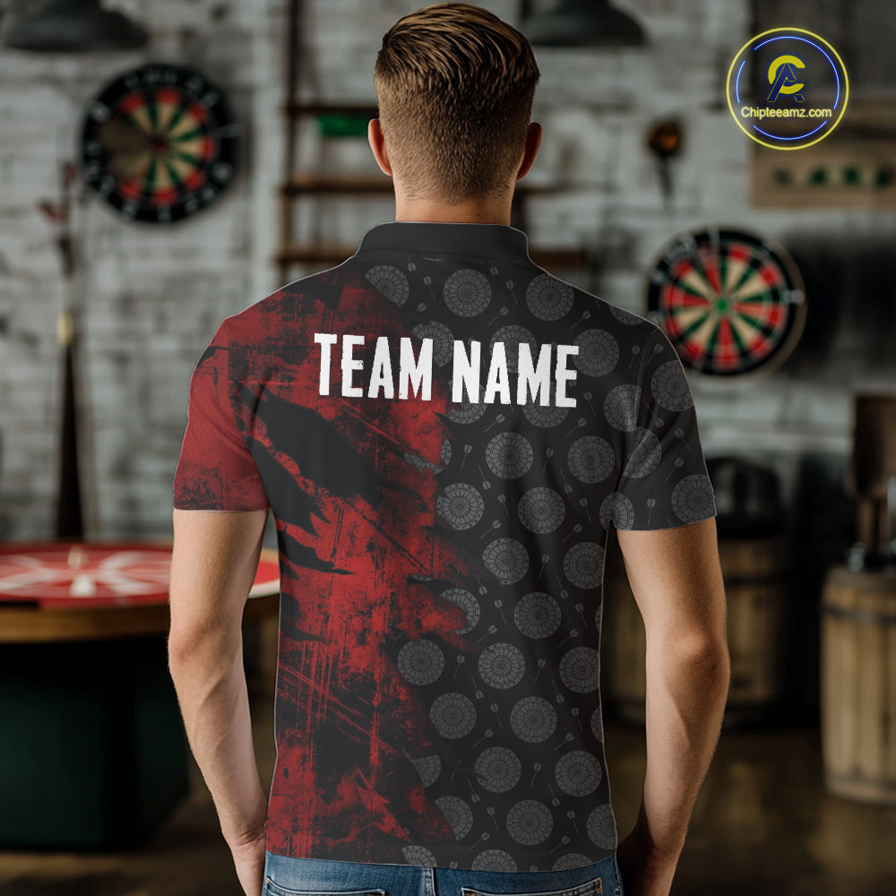Red Grunge Splatter Men Dart Shirt Personalized Dartboard & Arrow Pattern Dart Team Attire NYN3215