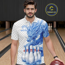 Load image into Gallery viewer, Male model wearing white blue dragon bowling polo shirt custom bowling team jersey for league bowlers