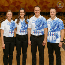 Load image into Gallery viewer, Bowling team wearing white blue dragon bowling polo shirts custom team jerseys for league and tournament bowlers