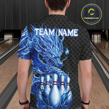 Load image into Gallery viewer, Male model wearing black blue dragon bowling polo shirt custom bowling team jersey for league bowlers