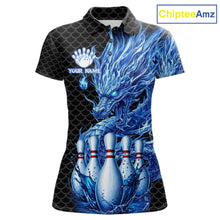 Load image into Gallery viewer, Women's black blue dragon bowling polo shirt mockup custom bowling team jersey splatter dragon bowling apparel