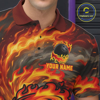 Male model wearing red storm fire flame bowling polo shirt custom bowling team jersey for league bowlers