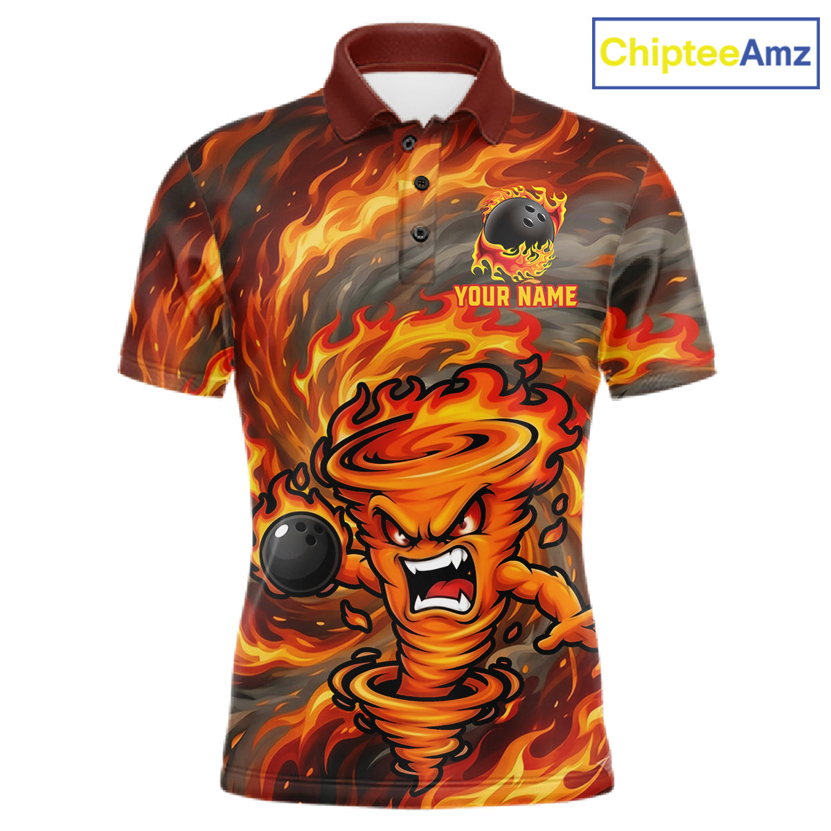 Men's red storm fire flame bowling polo shirt mockup custom bowling team jersey flame bowling apparel
