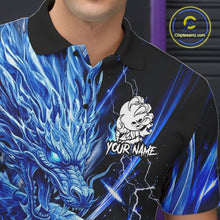 Load image into Gallery viewer, Male model wearing thunder lightning blue dragon bowling polo shirt custom bowling team jersey