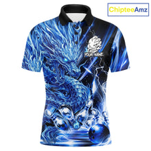Load image into Gallery viewer, Men's thunder lightning blue dragon bowling polo shirt mockup custom bowling team jersey
