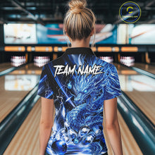 Load image into Gallery viewer, Female model wearing thunder lightning blue dragon bowling polo shirt custom bowling team jersey