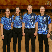 Load image into Gallery viewer, Bowling team wearing thunder lightning blue dragon bowling shirts custom bowling team jerseys for tournaments