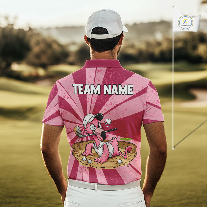 Male golfer wearing custom flamingo golf polo on championship course, premium moisture-wicking golf apparel for golf leagues, golf vacations and country club events.