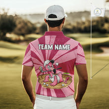 Load image into Gallery viewer, Male golfer wearing custom flamingo golf polo on championship course, premium moisture-wicking golf apparel for golf leagues, golf vacations and country club events.