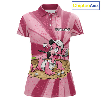 Women's golf polo mockup featuring vibrant grunge pink flamingo artwork, personalized golf tournament shirt for ladies golf leagues, country clubs, vacation golf apparel and tropical fashion enthusiasts. Themes of grace, harmony and confidence.