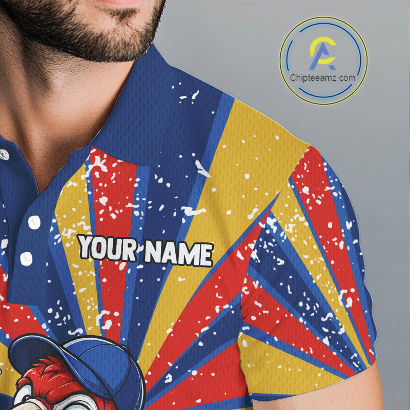 Male golfer modeling colorful parrot golf polo during championship event, premium golf clothing for golf lovers, travelers and wildlife enthusiasts. Represents confidence, intelligence and adventurous spirit.