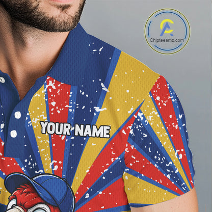 Male golfer modeling colorful parrot golf polo during championship event, premium golf clothing for golf lovers, travelers and wildlife enthusiasts. Represents confidence, intelligence and adventurous spirit.