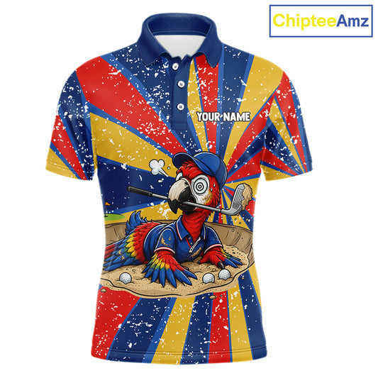 Men's golf polo mockup with colorful tropical parrot artwork, personalized performance golf shirt for golf tournaments, golf teams and country club events. Appeals to nature lovers, exotic bird fans and tropical lifestyle followers.