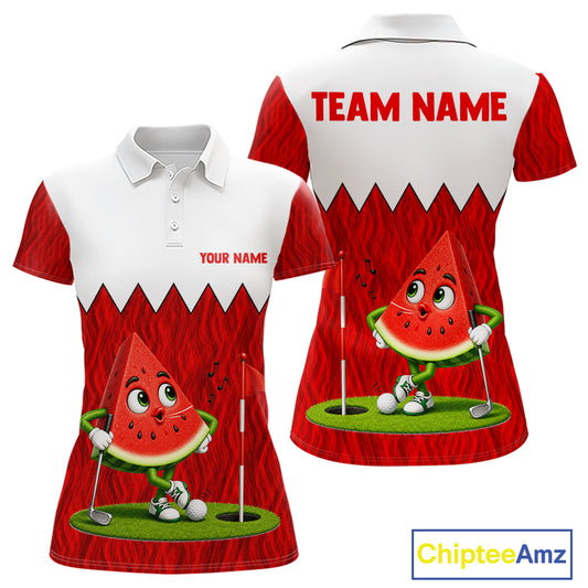 Women's golf polo mockup featuring playful watermelon graphics, personalized golf tournament apparel for ladies golf leagues, summer golf trips and golf clubs.