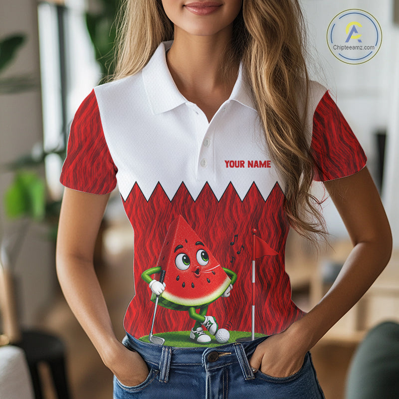 Female golfer wearing watermelon golf polo during a summer golf outing, lightweight golf apparel for beach vacations, golf leagues and resort clubs. 