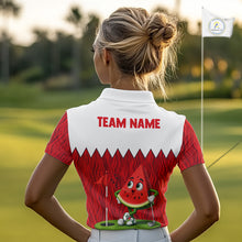 Load image into Gallery viewer, Female golfer wearing watermelon golf polo during a summer golf outing, lightweight golf apparel for beach vacations, golf leagues and resort clubs. 
