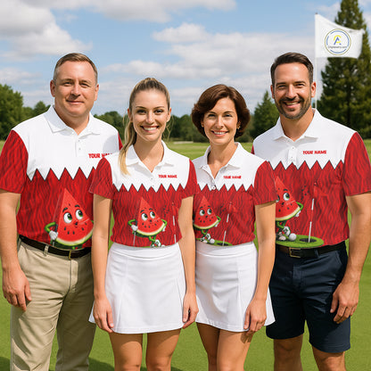 Golf team wearing matching watermelon golf polos during summer golf tournament, custom golf uniforms symbolizing friendship, teamwork, celebration and cheerful competition.
