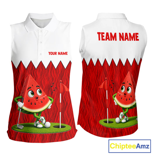Women's Watermelon sleeveless golf polo mockup featuring fresh red and white fruit artwork, breathable golf apparel for tournaments, golf vacations and summer golf outings. Great for fruit lovers, foodies, picnic lovers, beach lifestyle fans. Represents happiness, abundance, celebration and friendship.