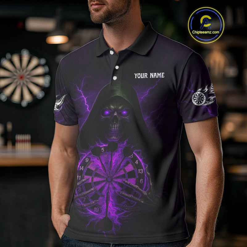 Custom Lightning Purple Bone Skeleton Dartboard Dart Men Polo Jerseys Dart Shirt Gifts NYN1650