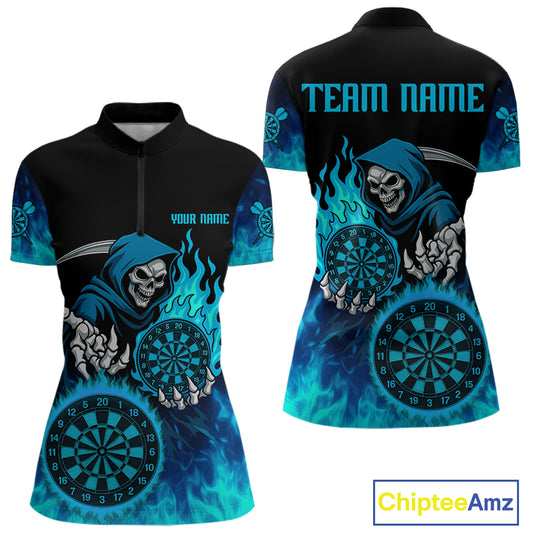 Custom Blue Flames Dartboard Horror Grim Reaper Dart Women Quarter-Zip Jerseys Outfits Dart Shirt NYN1658