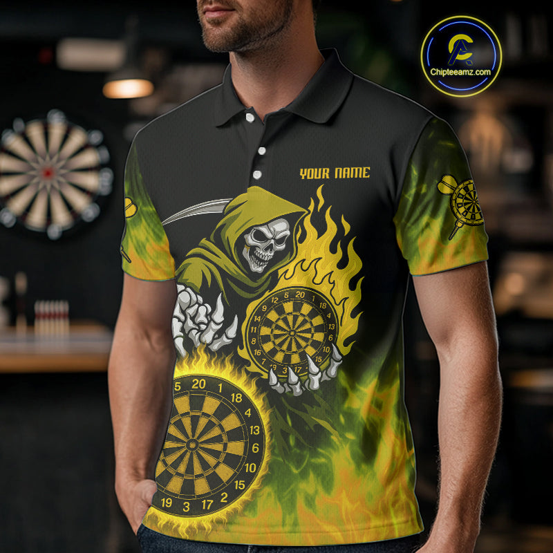 Custom Yellow Flames Dartboard Horror Grim Reaper Dart Men Polo Jerseys Outfits Dart Shirt NYN1660